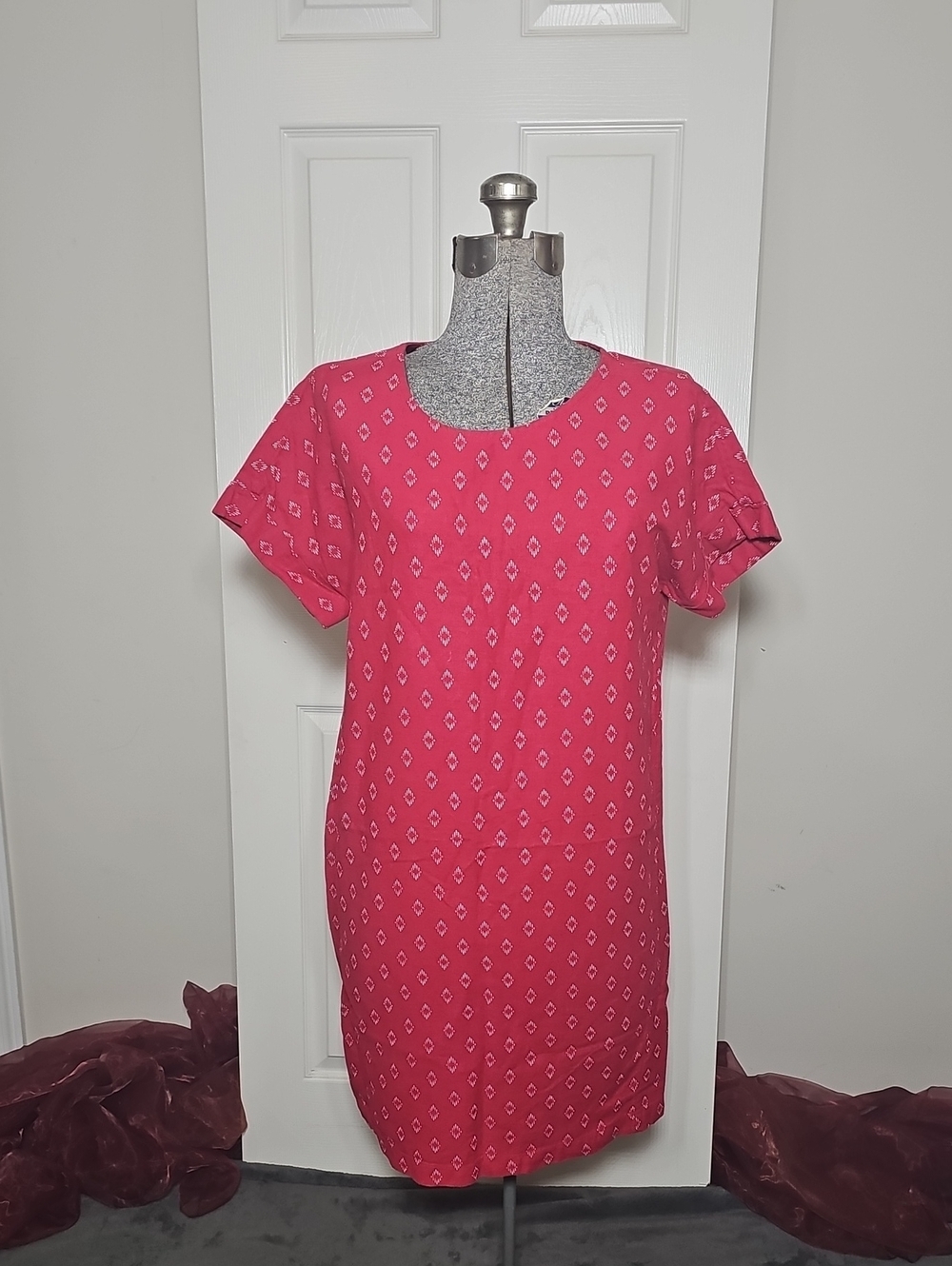 Old Navy Printed Linen-Blend Red White Short Sleeve Shift Dress Size M